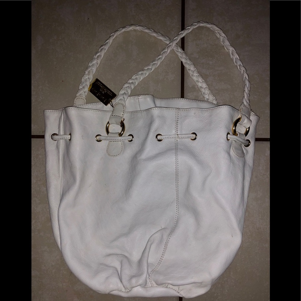 BEBE White Leather Braided Handbag – Chic & Elegant